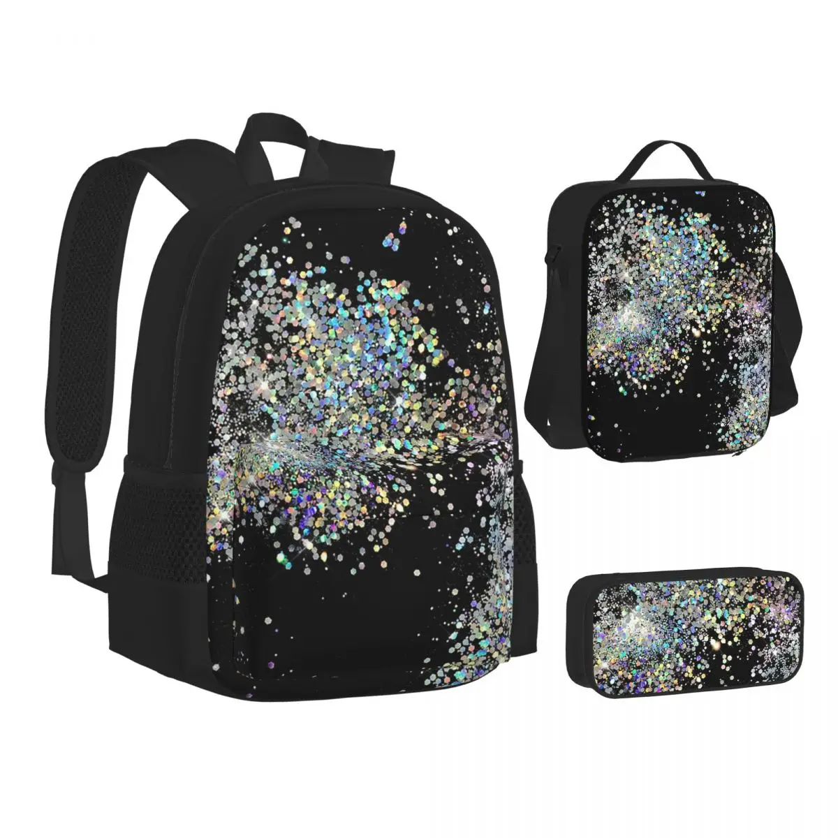 Black And Multicolor Sequins Faux Backpacks Students Bookbag School Bags Kids Rucksack Lunch Bag Pen Bag Three-Piece Set