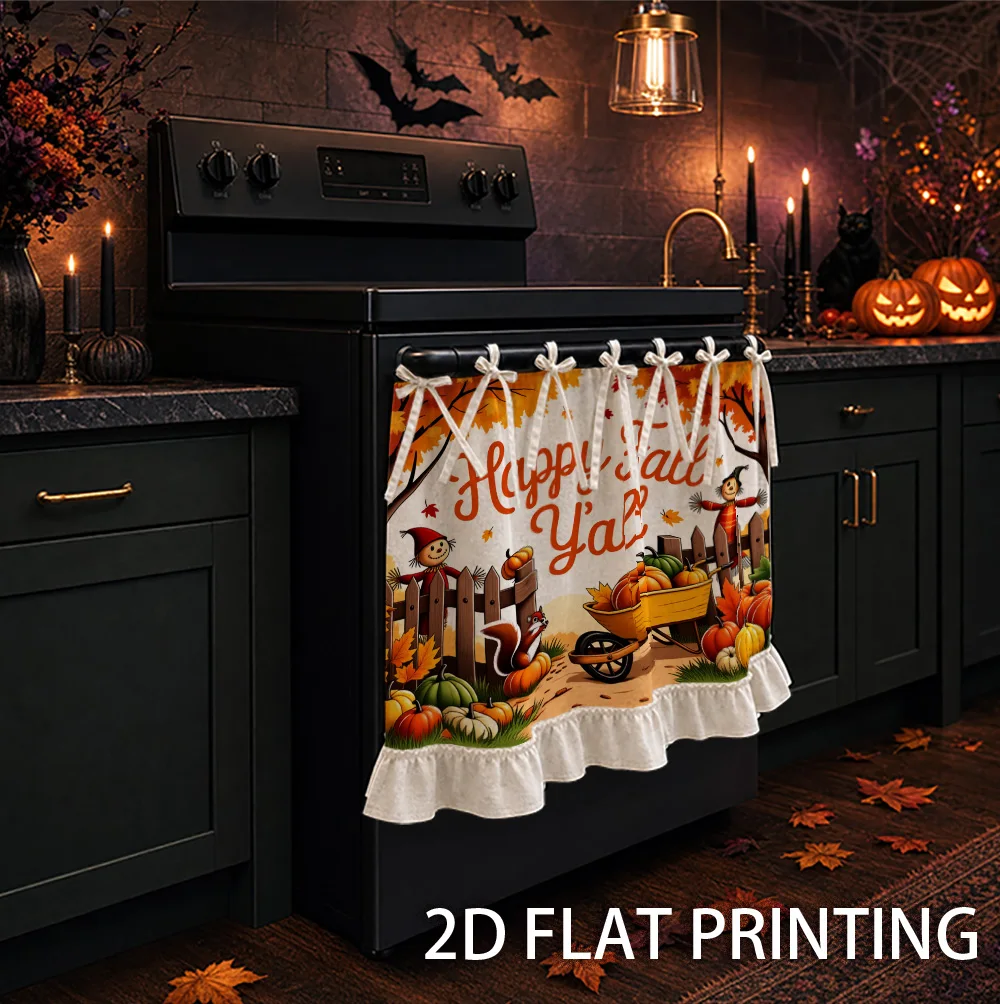 1PC kitchen stove curtain, cabinet curtain, apron. Featuring a 2D graphic design with autumn-themed pumpkins, scarecrows and aut