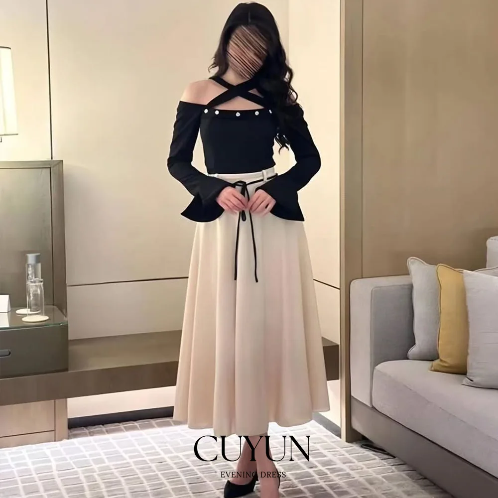 CUYUN طويلة الأكمام الرسن الرقبة فساتين حفلة موسيقية السعودية مطوي الكاحل طول فساتين المناسبات الخاصة مزاجه ثوب مسائي غير رسمي #1