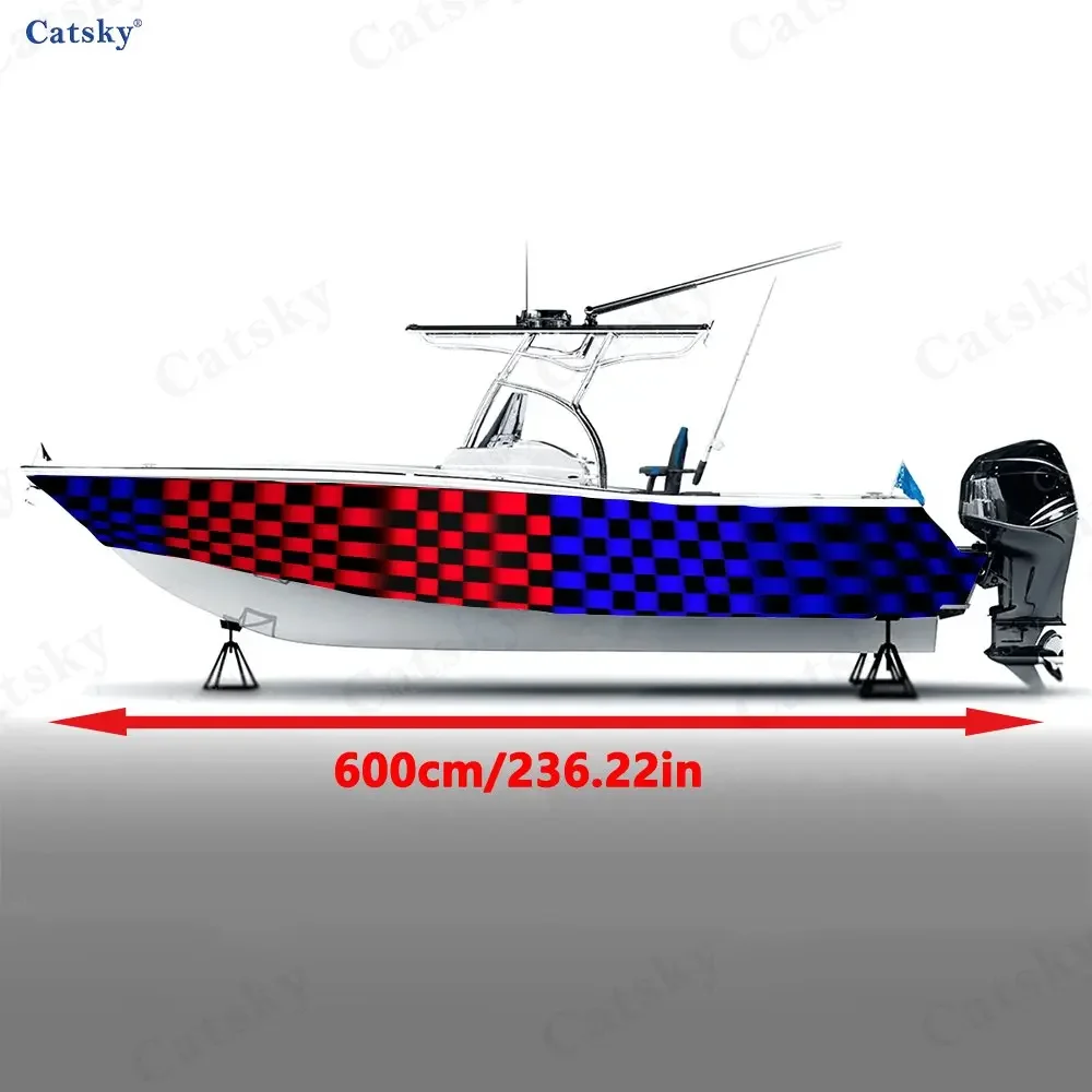 2Pcs Red & Blue Gradient Checkerboard Boat Stickers, PVC Waterproof Vinyl Wrap Decals for Fishing Boats, Durable Stylish Design