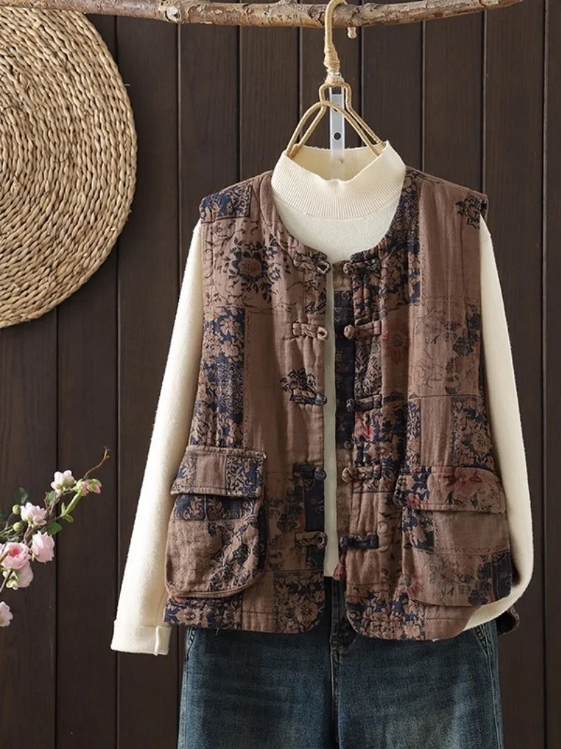 Retro New Chinese Style Vest Women's Clothing Autumn Large Size Cotton And Linen Printed Plate Buckle Sleeveless Waistcoat w985