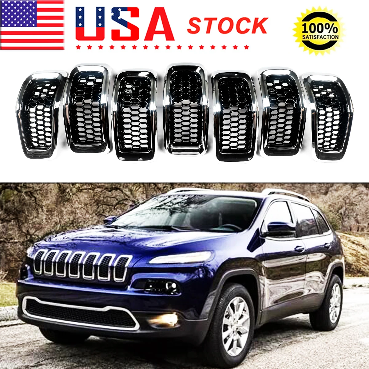 

Magickit Front Grills For 2014-2018 Jeep Cherokee Front Honeycomb Grille Chrome Trim with Black Mesh 7pcs