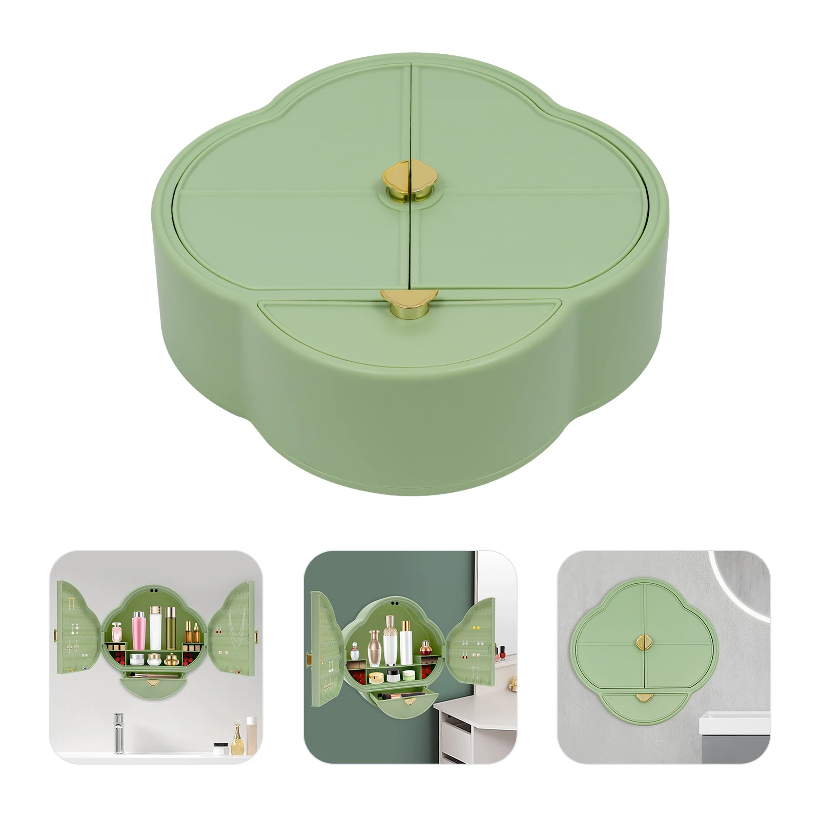 

New Chinese Four-Leaf Clover Wall Mount Storage Box Green Plastic Bathroom Cosmetic Jewelry Organizer Wall Holder for Makeup Ring Necklace Earring Bracelet