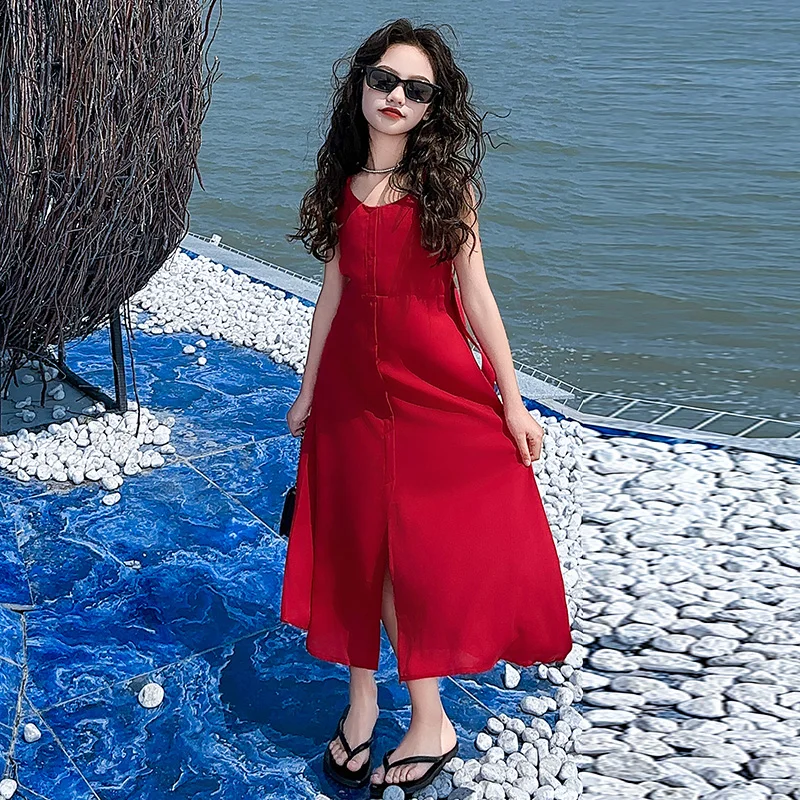 New vacation style junior girls long vest dress teenage kids Red hollow back strap sleeveless formal maxi dresses child clothes