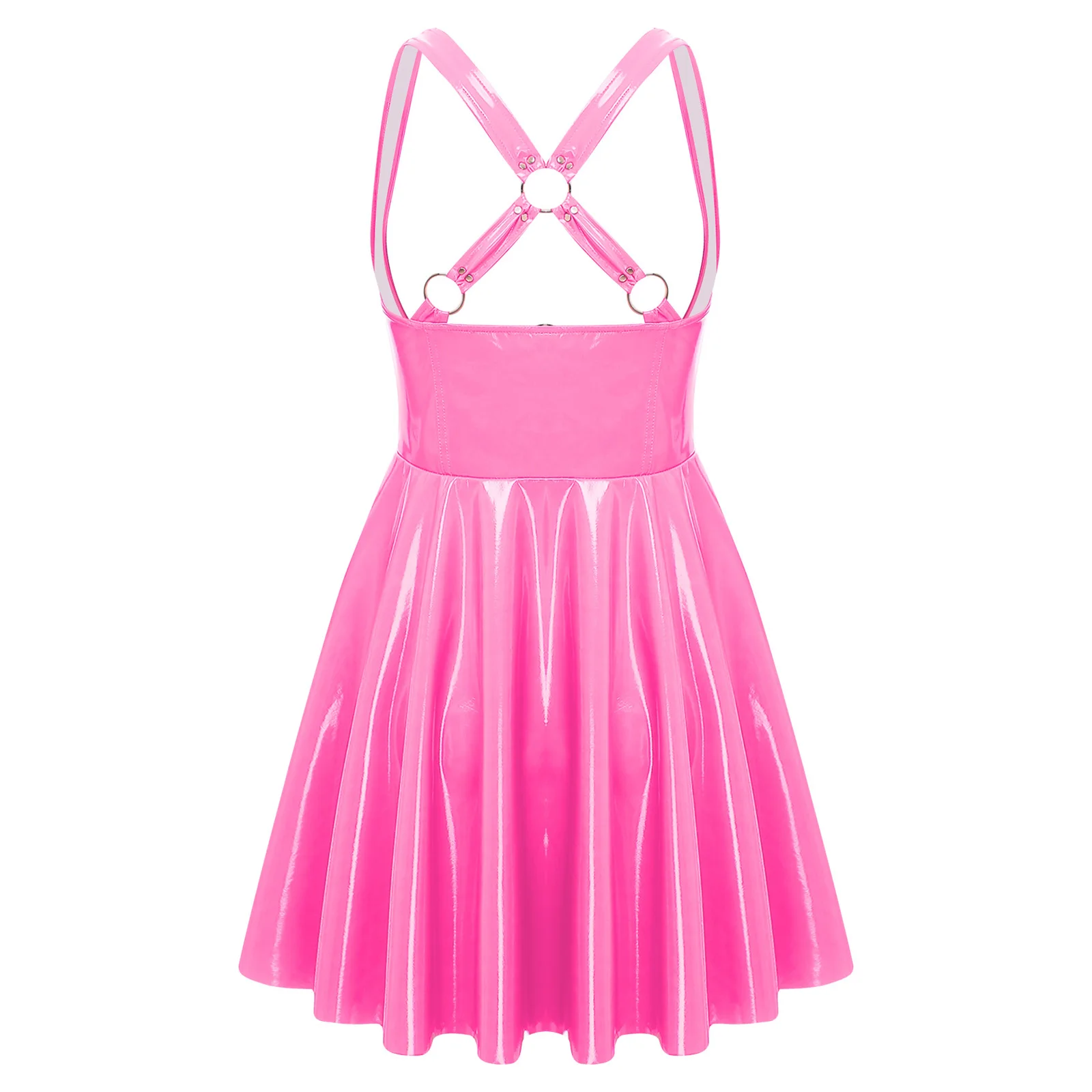 Gothic-Punk-PU-Lederkleid für Damen – sexy, tief ausgeschnittener, ärmelloser Rock mit Reißverschluss hinten und Trägern, Wet-Look, glänzend, Halloween-Clubwear