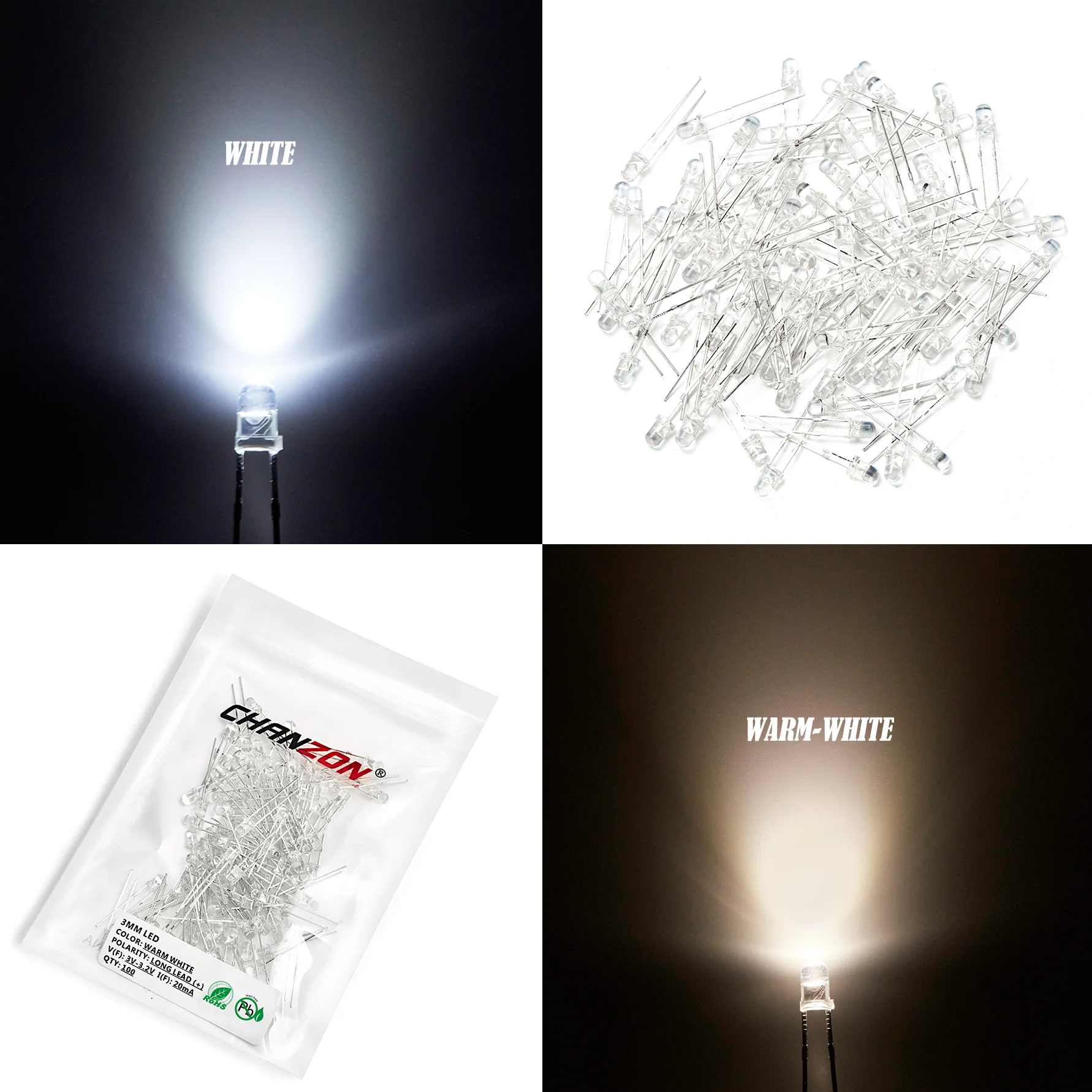 100 Stück 3mm LED-Dioden-Set Ultrahell Warmweiß Rot Grün Blau UV Lila Gelb Orange Rosa 2V 3V F3 3 mm Emissions-Sortiment – Detail 6