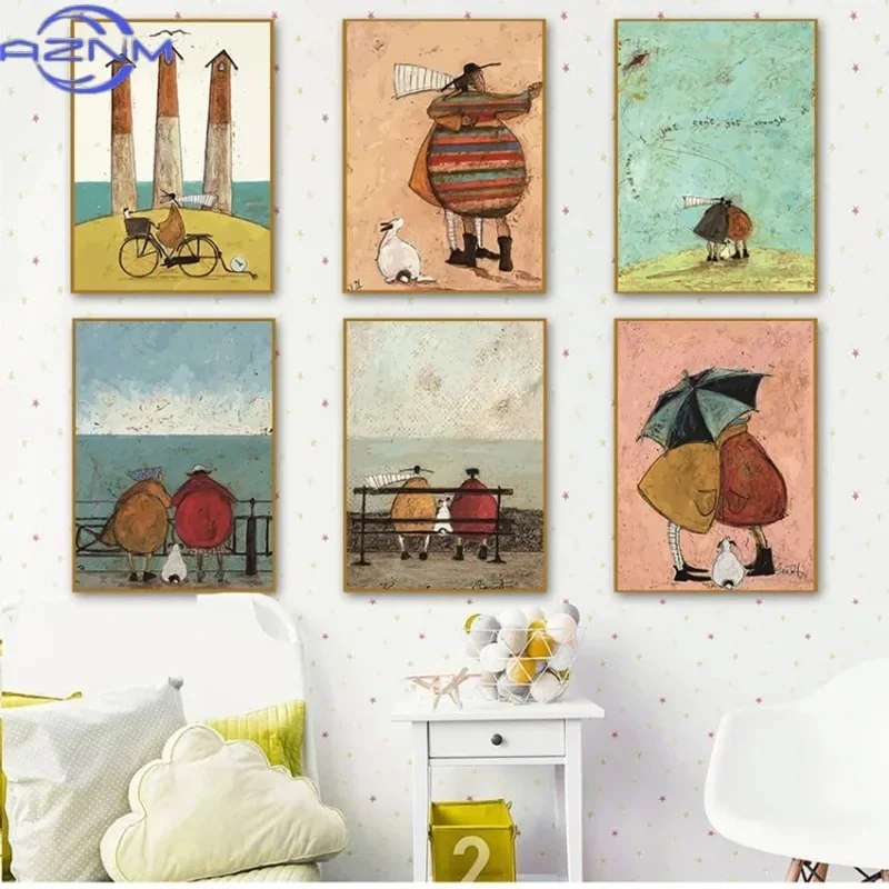 Vintage Nordic  Abstract Landscape Love Dogs Pet Canvas Wall Art Paintings Posters and Prints Pictures Living Room Home Decor