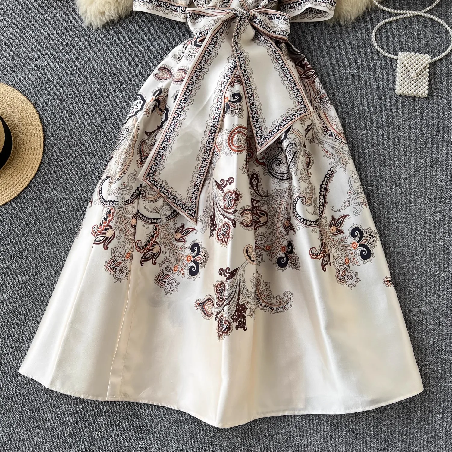 Vestido longo de manga folhada vintage feminino, envoltório com decote V, cinto com renda, estampa floral, bolsos, alta qualidade, férias de verão, novo