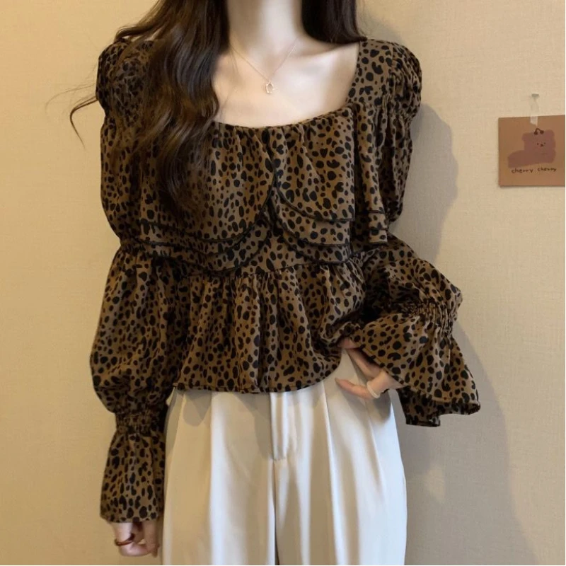 Spring and Autumn Lotus Leaf Side Sleeve Women\'s Pure Desire Square Neck Temperament Leopard Pattern Coat Horn Sleeve Floral Top