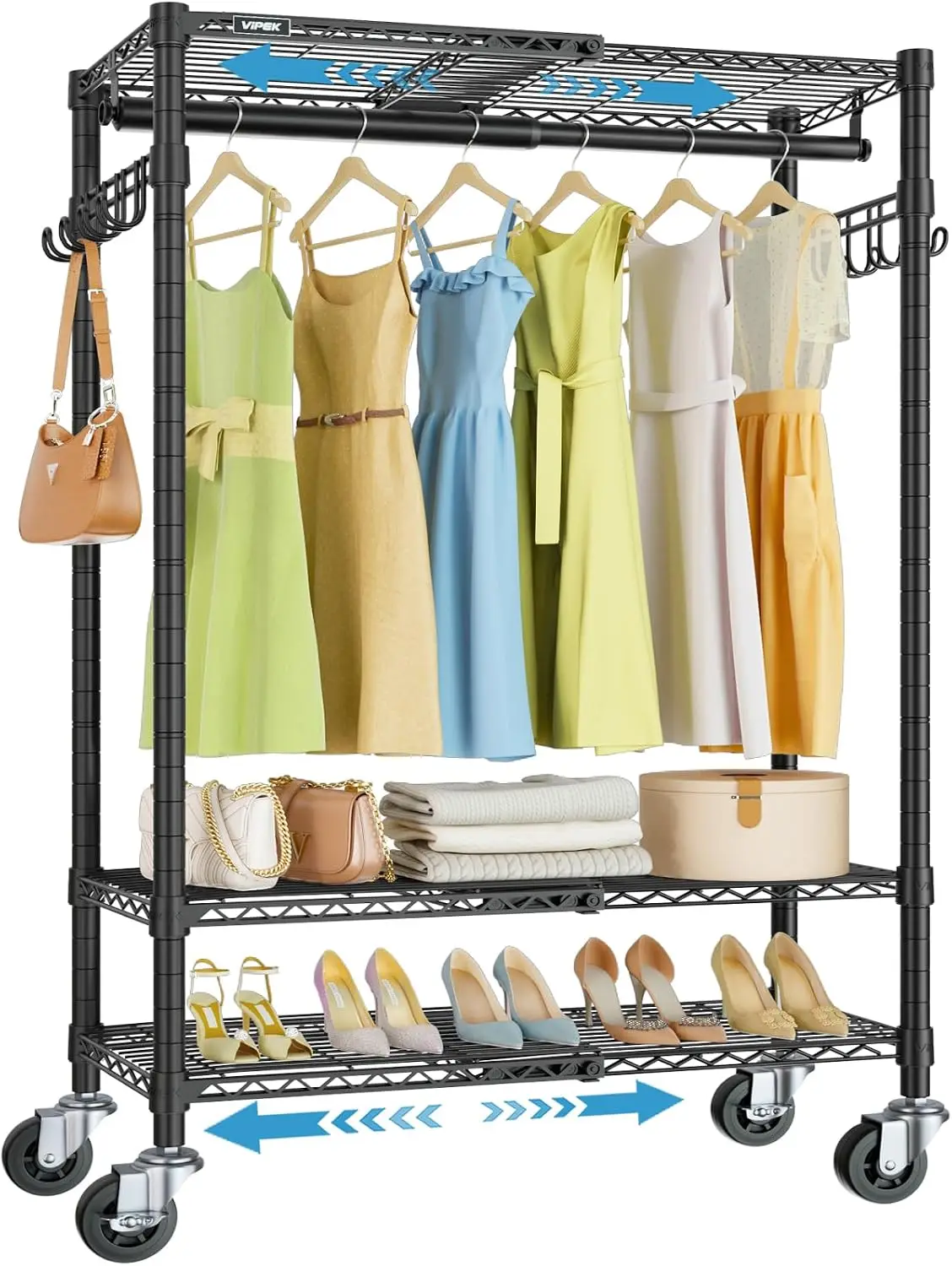 Heavy Duty Expandable Rolling Garment Rack with Lockable Wheels Adjustable Width Storage Shelving Space Saving Freestanding Clothing Storage Organizer Black for Bedroom Apartment Dorm Laundry Room Narrow Compact Areas