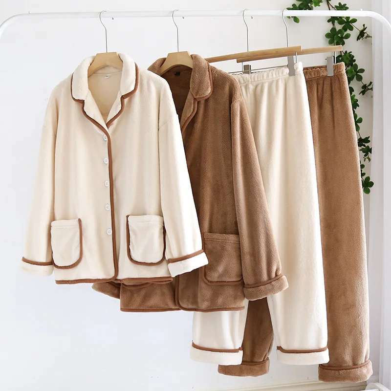 

Warm Coral Fleece Autumn Winter Pajamas Women Flannel Thickening Couple Long-Sleeved Lapel Home Service Men's Sleepwear Suit