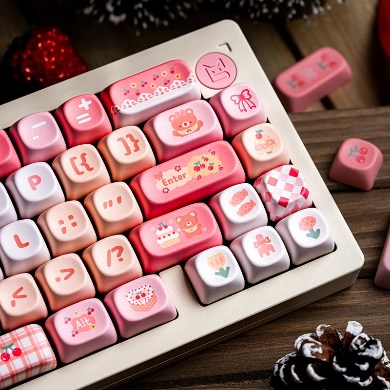 Bear Cherry Pie Keycap Pbt Moa Thermal Sublimation Process Pink Girly Cute Keycap Set 130Keys