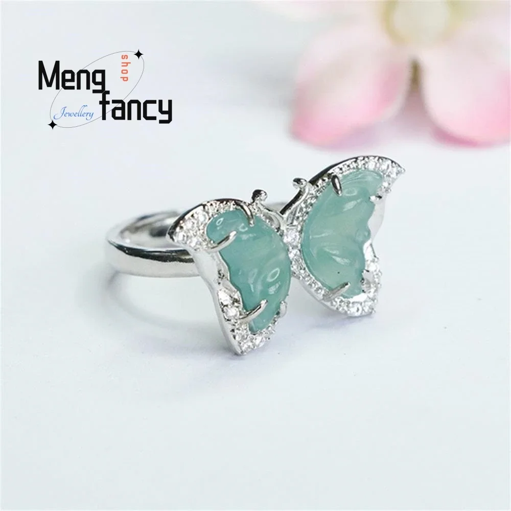 

Natural A-goods Jadeite Blue Water Jade Butterfly Ring Exquisite Elegant Simple High-grade Couple Promise Fashion Luxury Jewelry