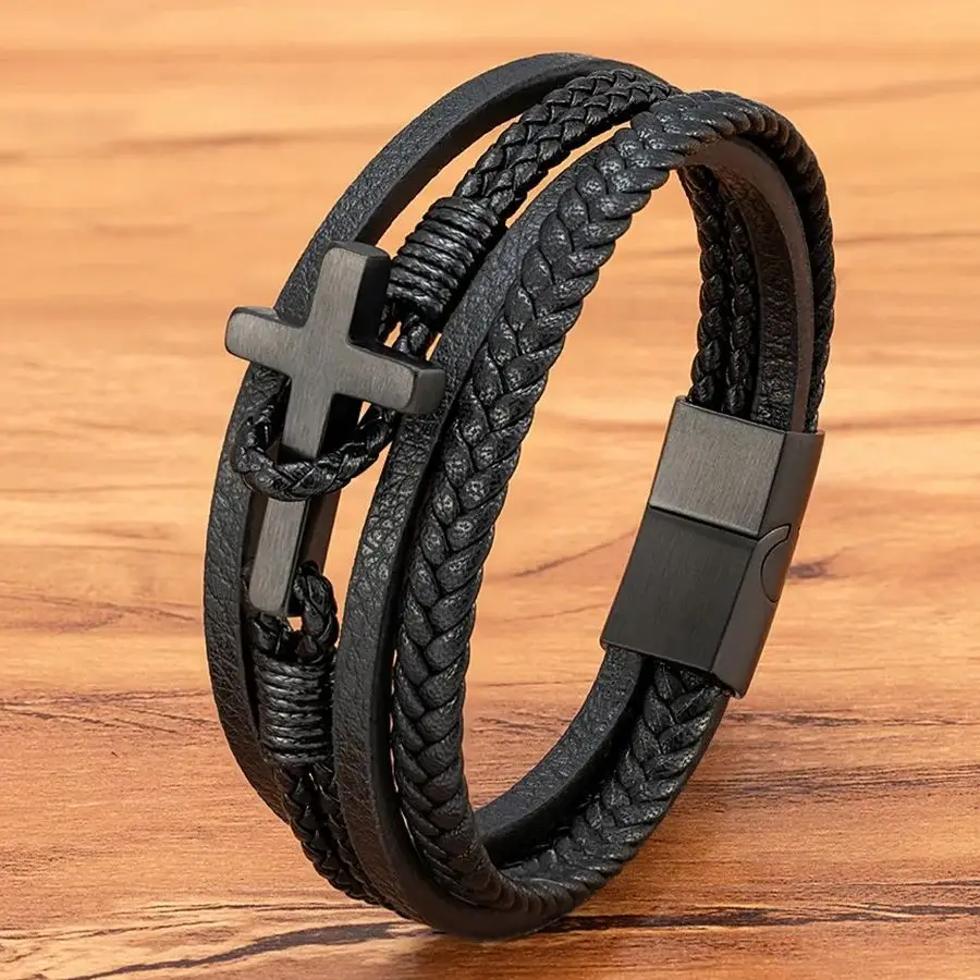 XQNI New Cross Men's Leather Bracelets Stainless Steel Magnet Clasp Charms Fashion Punk Bangle Homme Christian Jewelry Gifts