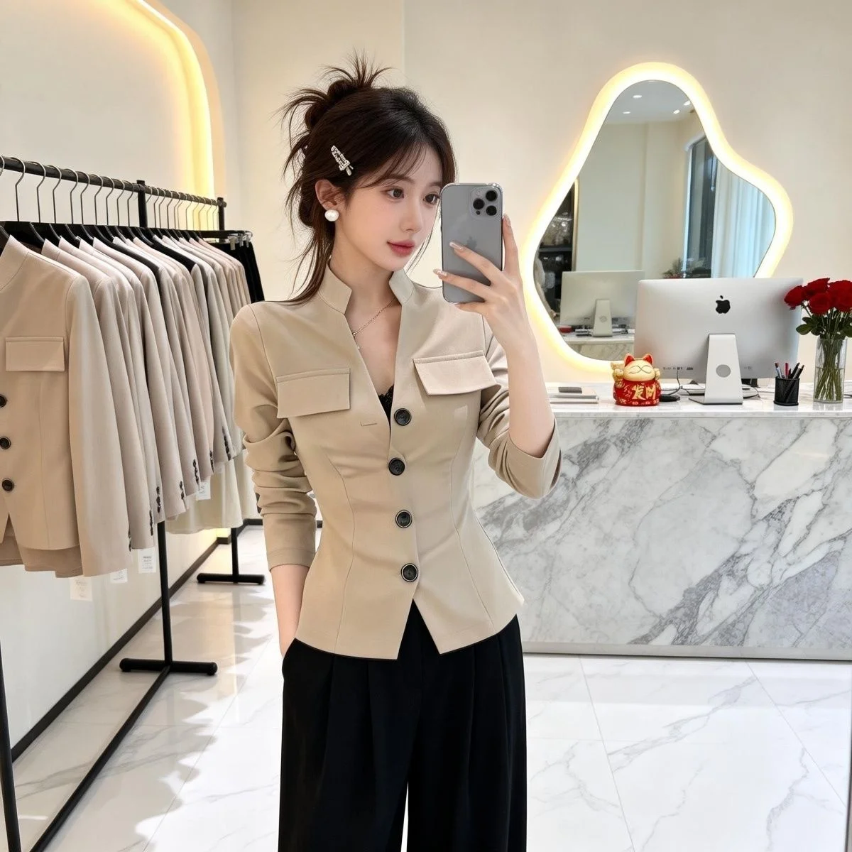 

Женская приталенная блузка с одной пуговицей и двойным карманом, новая модная повседневная модель с длинным рукавом для весны и осени, цветной топ