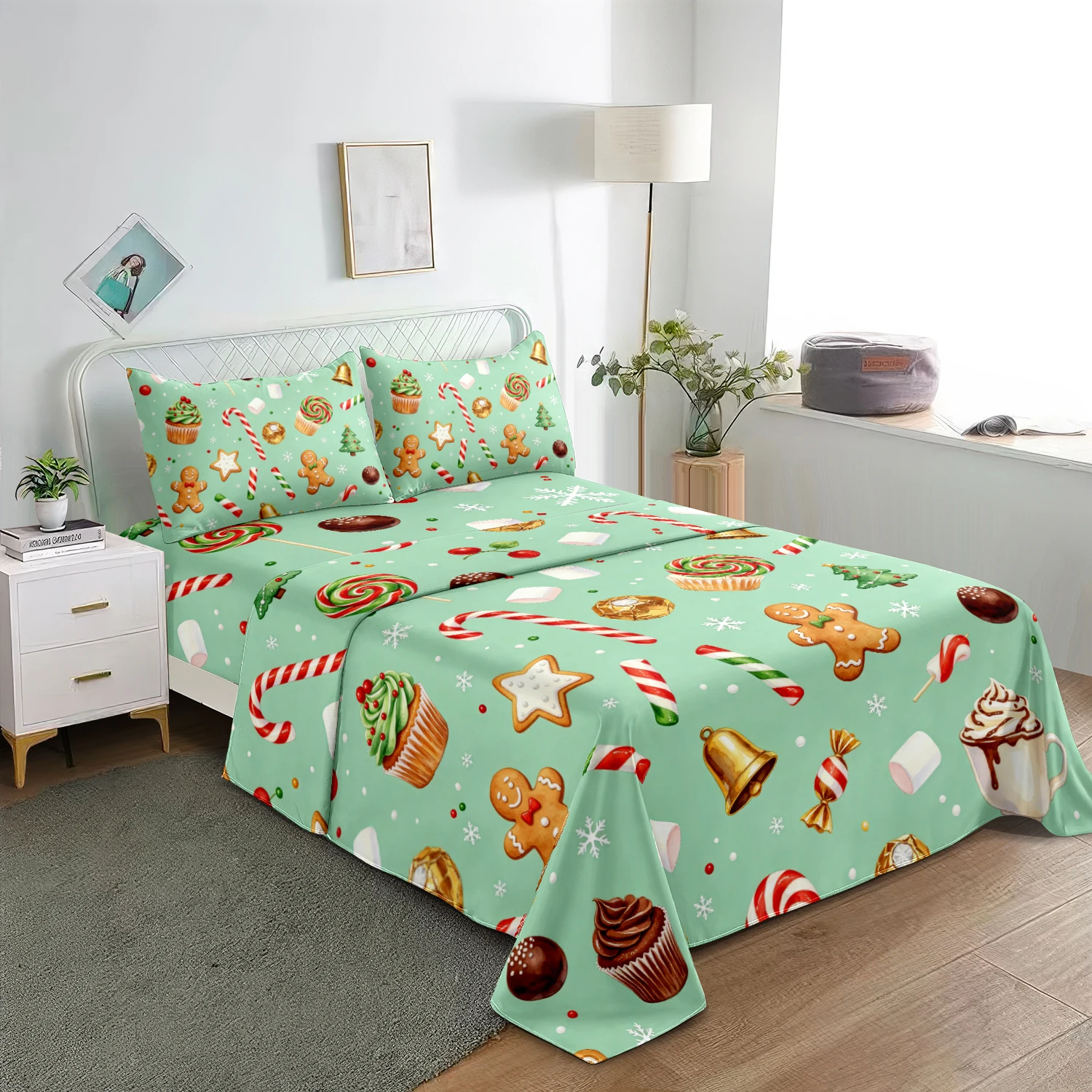4Pcs Mint Green Gingerbread Candy Christmas Bedding, Gingerbread Man Cupcake Cane Bell Snowflake Print Fitted Sheet Flat Sheet