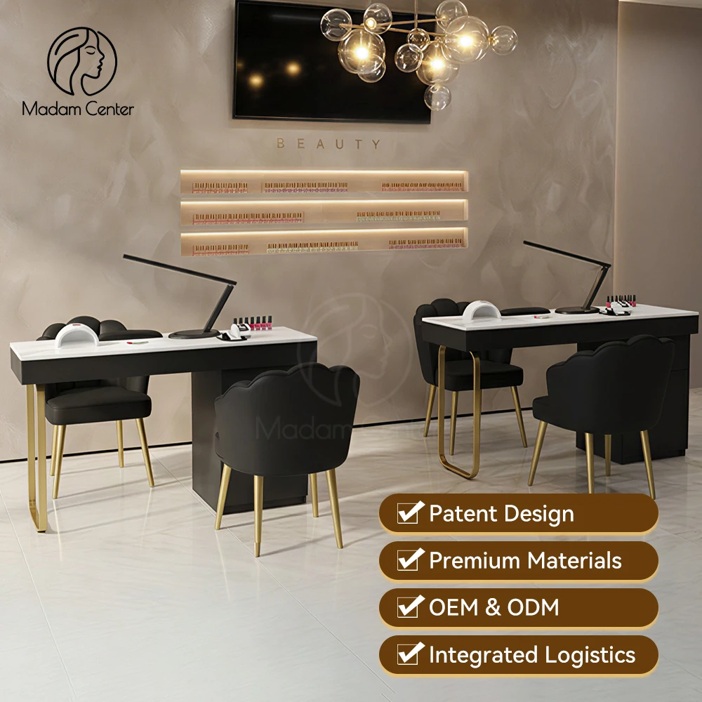 Madamcenter Luxury Modern Manicure Nail Desk with Double Manicurists Seat Multi-storage Eco-friendly for Beauty Salon