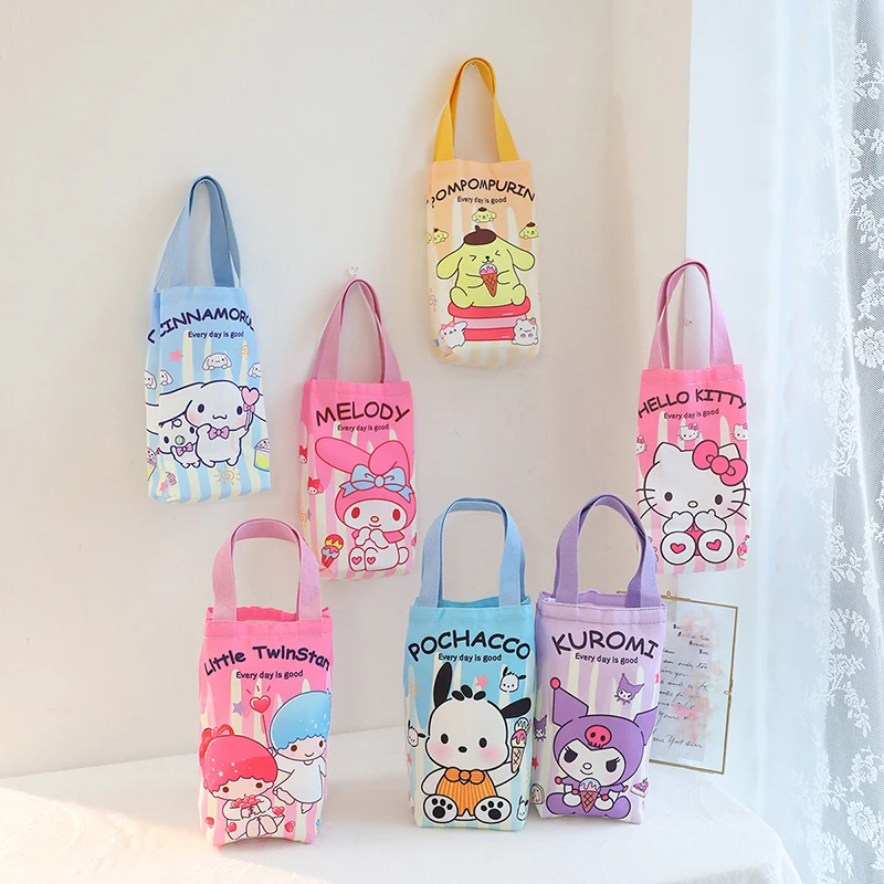 Kawaii Sanrio Hello Kitty Water Bottle Bag Cute Anime Figure Kuromi Pochacco Canvas Mug Bags Crossbody Tote Girls Gift Kids Toys