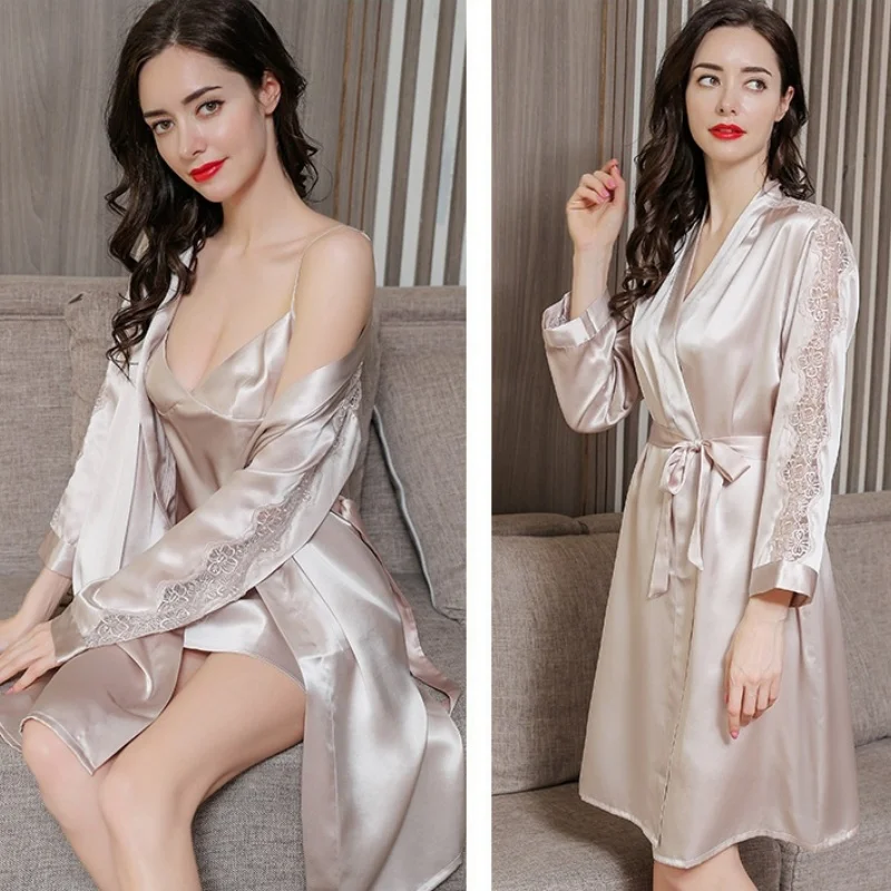 

Women Mulberry Silk Pajamas Robes Sleepwear Nightgowns Long Sleeve Nightdress Lace Bathrobe Dressing Gowns Pure Silk Kimono Robe