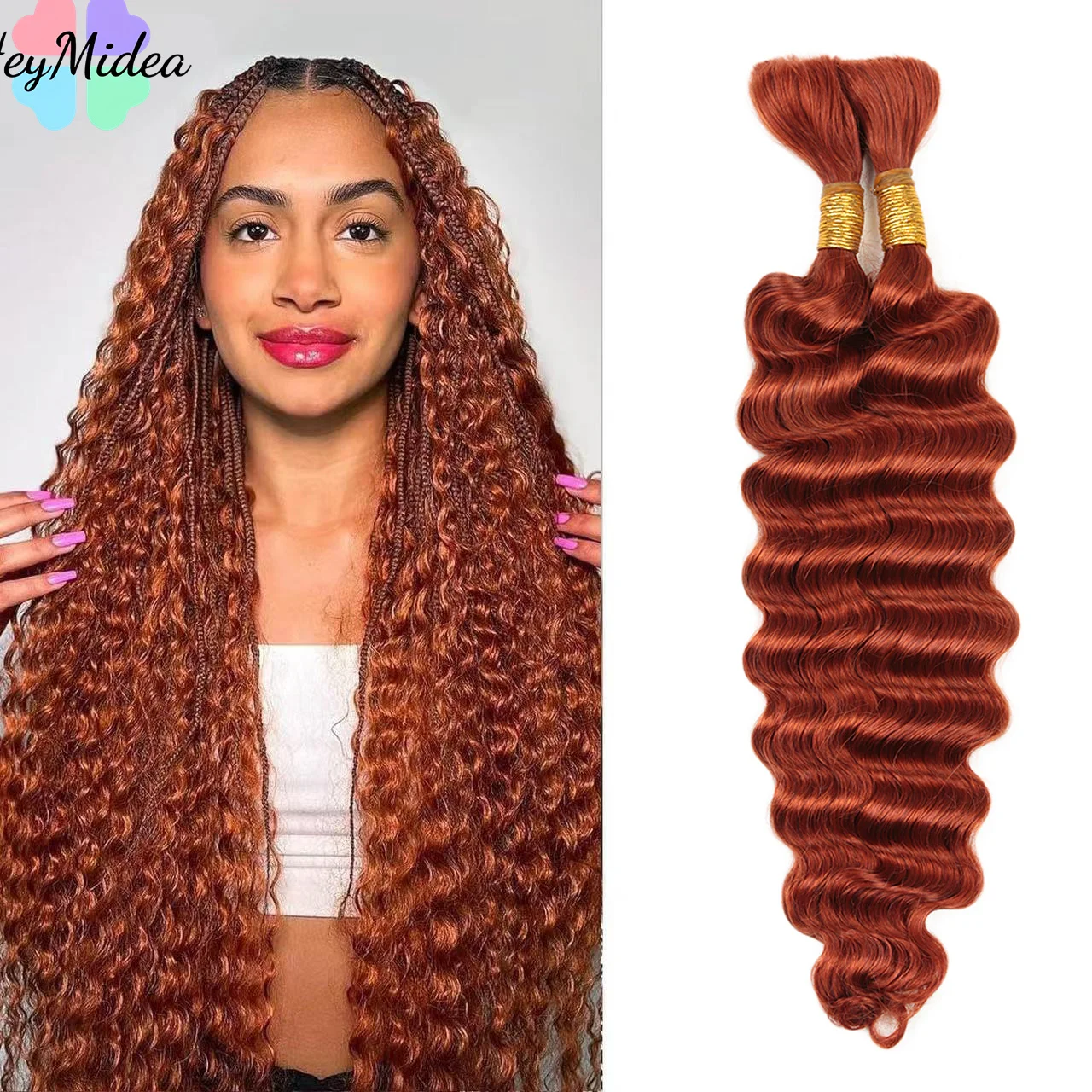 

Ginger Color Deep Wave Human Bulk Hair For Boho Knotless Braids 18inch No Weft 100% Remy Curly Human Braiding Hair Extensions