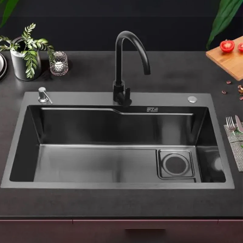 Pia de cozinha de aço inoxidável nano gravação grande slot único prato de lavagem doméstica e lavatório de legumes bancada