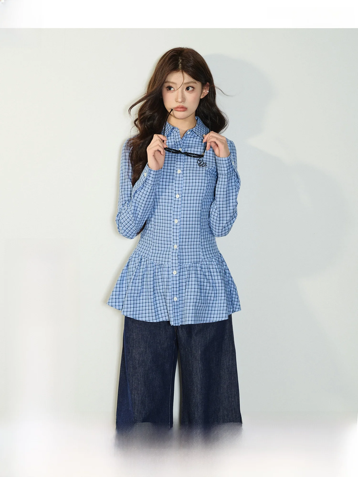 

Blue Plaid Shirt Women's Spring Turn-down Collar Slimming Waist Long Sleeve Floral Top Cotton Pure Sweet Style Loose Fit