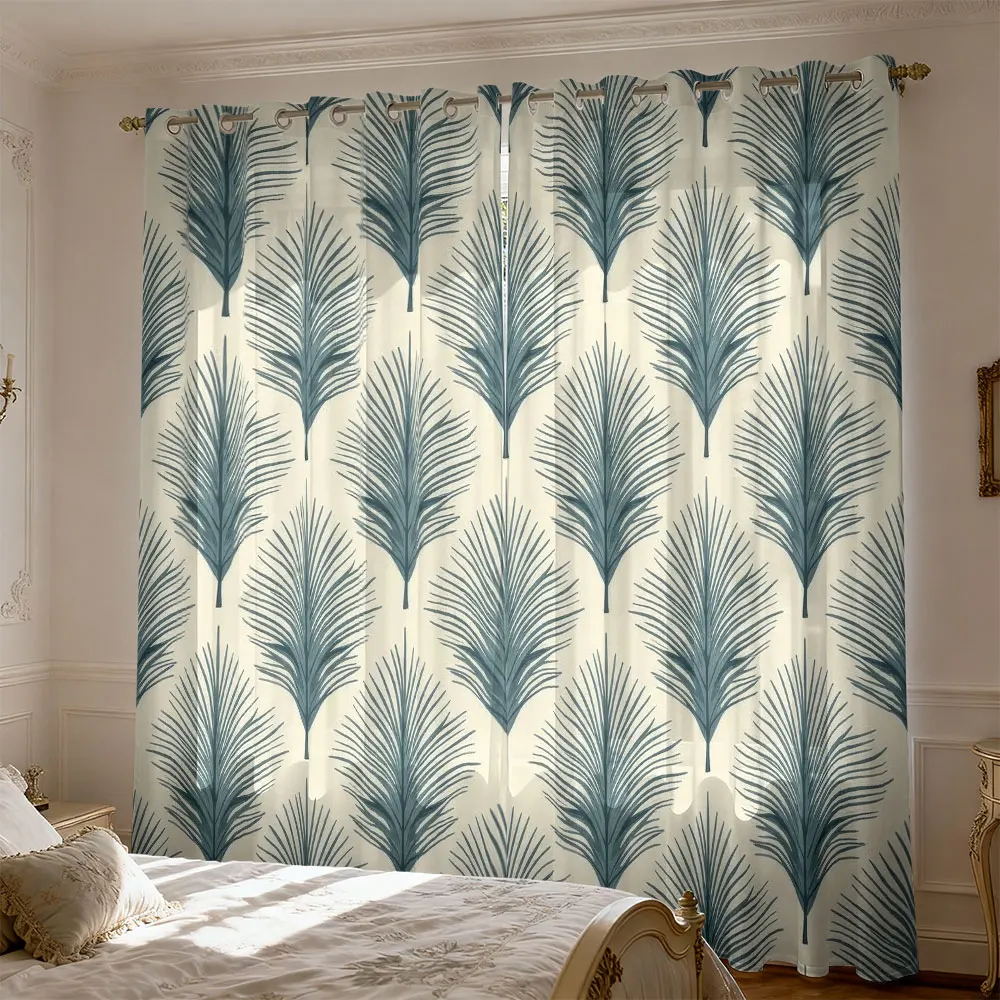 2pcs Retro Palm Leaf Print Curtains With Holes Double Sided For Living Room Bedroom Light Blocking Home Window Decor