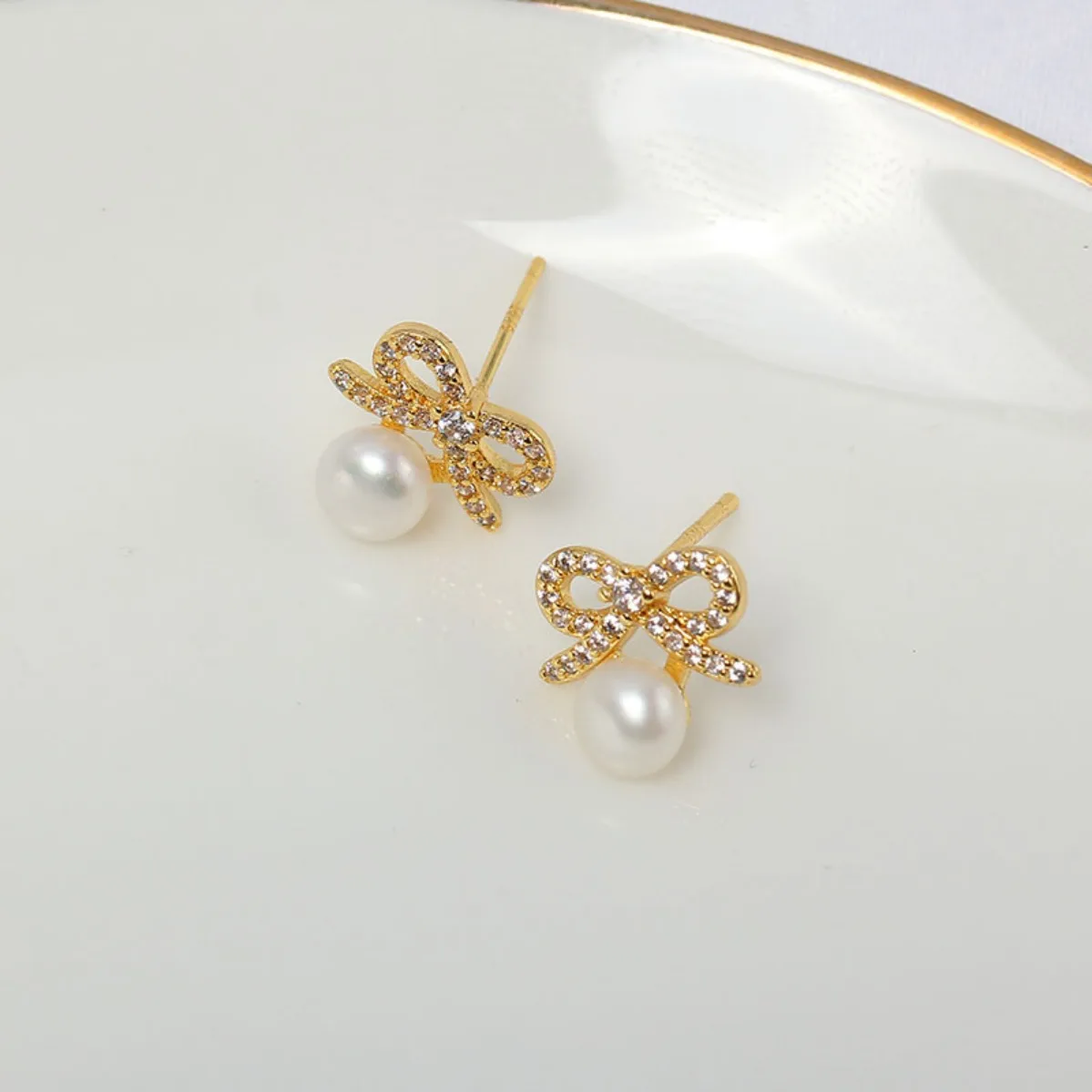 Sweet Women Brass 14K Gold Filled Real Gold Plated Tiny Bow Blank Setting Handmade Findings For DIY Pearl Stud Earring