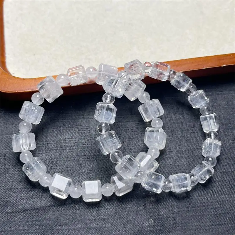 Natural Blue Rutilated Quartz Cube Bracelet Handmade Crystal Quartz Jewelry Stretch Bangle Children Birthday Gift 1PCS 8/9MM