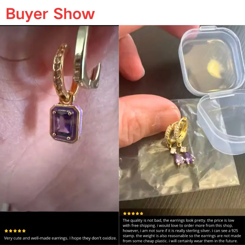 925 Sterling Silber Nadel Luxus Lila Zirkon Herz Ohrstecker Für Frauen Mode Geometrie Anhänger Gold Ohrring Edlen Schmuck – Detail 1