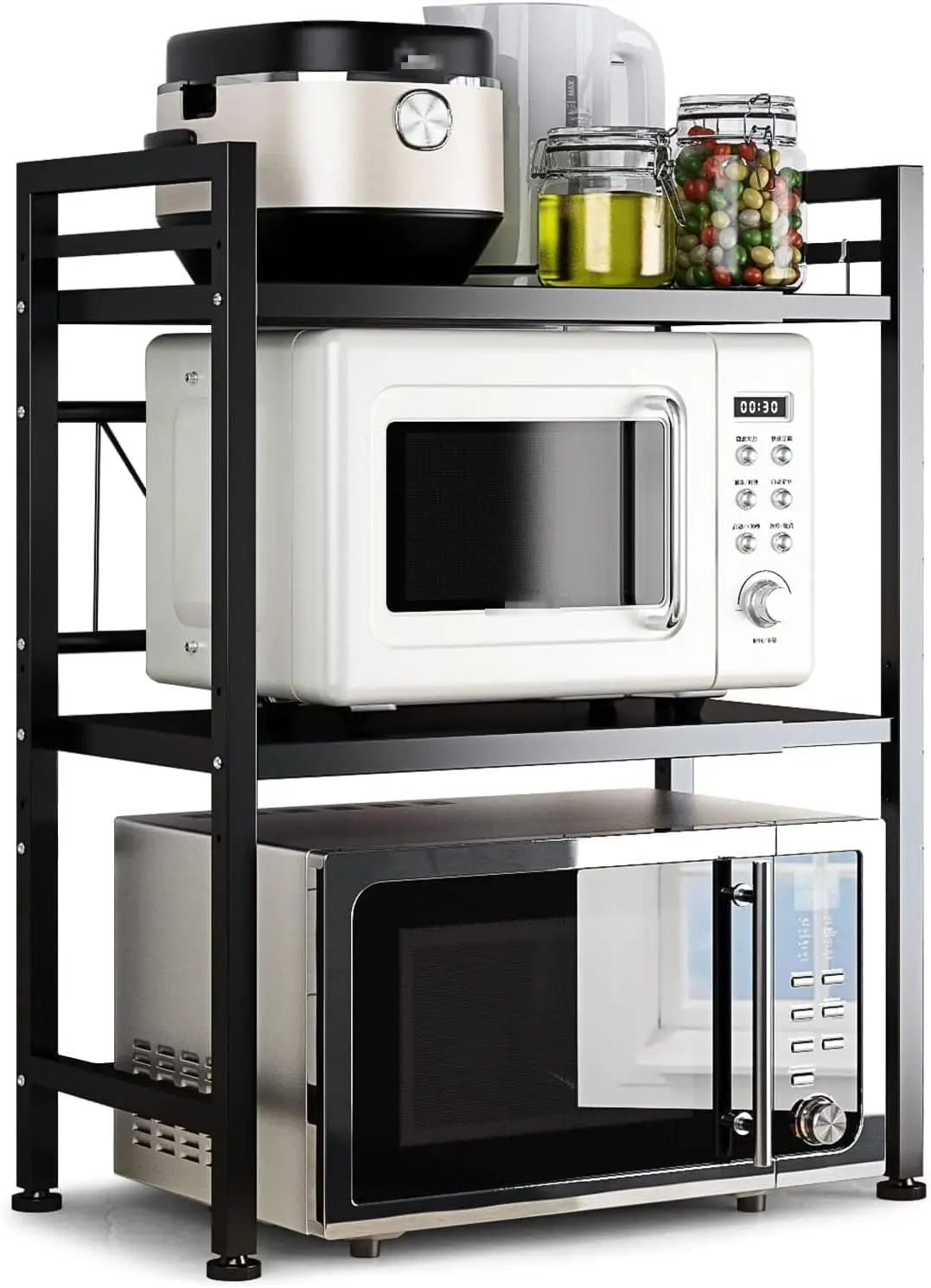 

Expandable Microwave Stand, Carbon Steel Kitchen Storage Shelf with 3 Hooks for Countertop