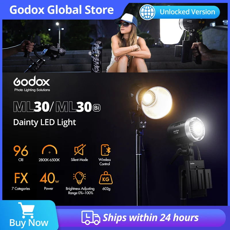 

Godox ML30 ML30-K2 ML30BI ML30BI-K2 40W LED Light Silent Mode Portable Brightness Adjustment Support Li-ion Outdoor LED Light