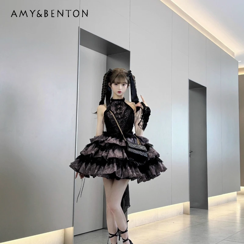 

Spring Autumn New Gray Purple Lace Hollow Out Lolita Women's Dress Original Design Sweet Cool Sleeveless Puffy Dresses Ladies