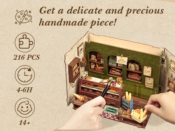 Original CUTEBEE 216pcs Mrs.Hunt Bakery Book Nook Kit DIY Miniature House Bakery Dessert Shop Dollhouse Booknook for Adults Tiny House Bookshelf Decor 3D Wooden Puzzle DIY Craft Gifts for Family Friends book nook para montar gifts for books fans