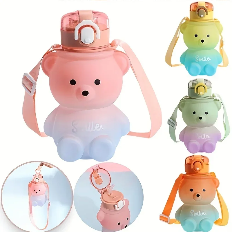 Tasse d'eau mignonne en forme d'ours dégradé, tasse en plastique d'été de grande valeur pour fille, tasse en paille Portable, bouteille d'eau de grande capacité 1 pièce