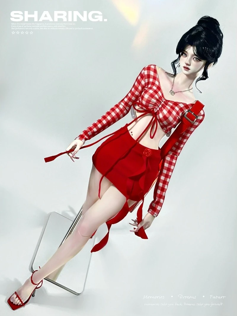 BJD 1/3 1/4 Doll Clothes Pure Desire Retro Red Plaid Top Ruffled Bodycon Skirt Two Pcs set Doll Outfit For Girl BJD Doll Costume