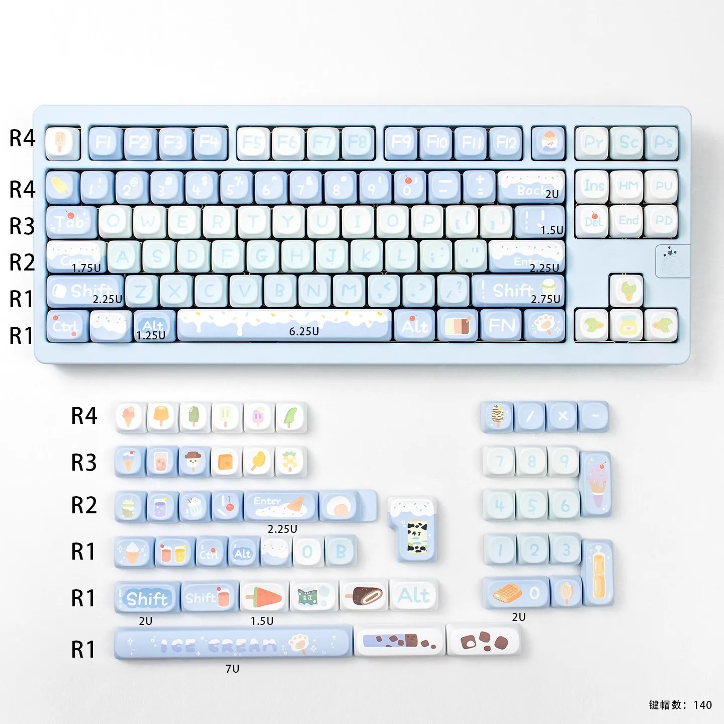 140 Keys MOA Keycaps Ice Cream Blue PBT Dye Sublimation Cherry Height for Mechanical Keyboard AULA F75 Ajazz Ak820 Pro Game PC