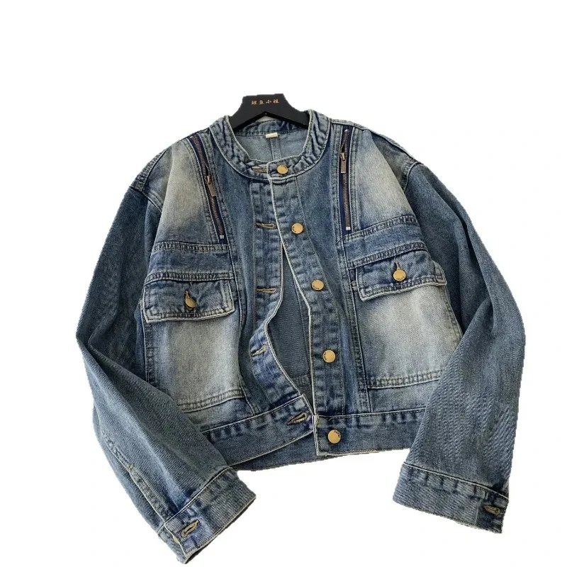 Casaco feminino denim casacos em torno do pescoço y2k streetwear jaquetas curtas trabalho casual solto elegante splice jaqueta 2025 outono inverno