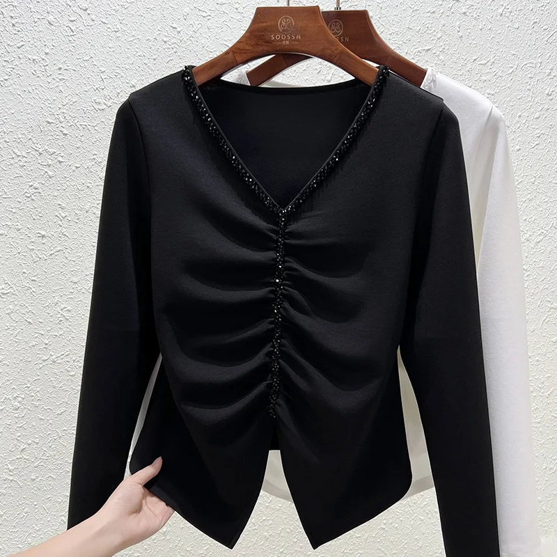 Nail Diamond V-Neck Long Sleeve T-shirt Spring and Autumn New French Pleated Black Cotton Plus Size Black Top (M-3XL)