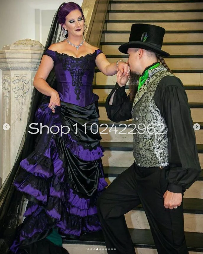 Black Purple Gothic Victorian Wedding Dresses with Long Sleeve Jacket Ruched Ruffles Steampunk Bustle Corset Bridal Gown