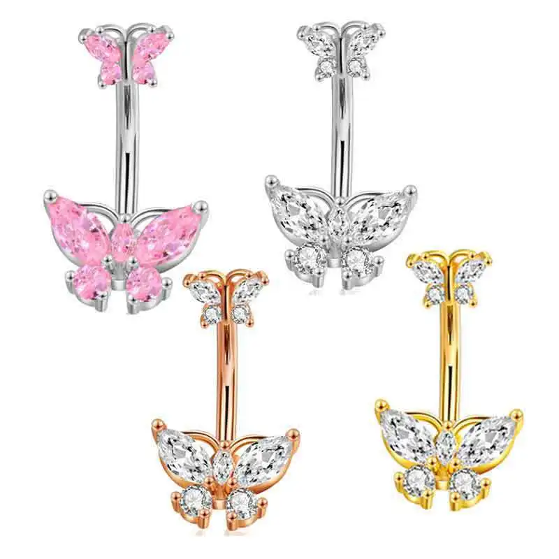 1Pcs Stainless steel pink butterfly navel ring Europe and the United States new stainless steel zircon navel nail navel piercing