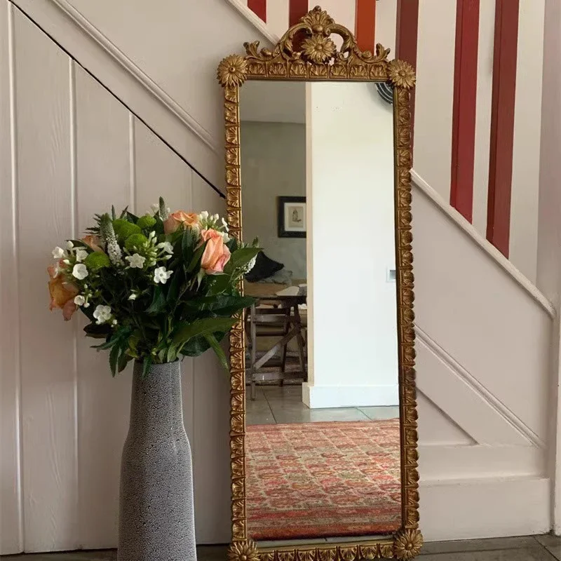 

French retro floor mirror living room solid wood carving flower full-length mirror lace bedroom wall mirror B03