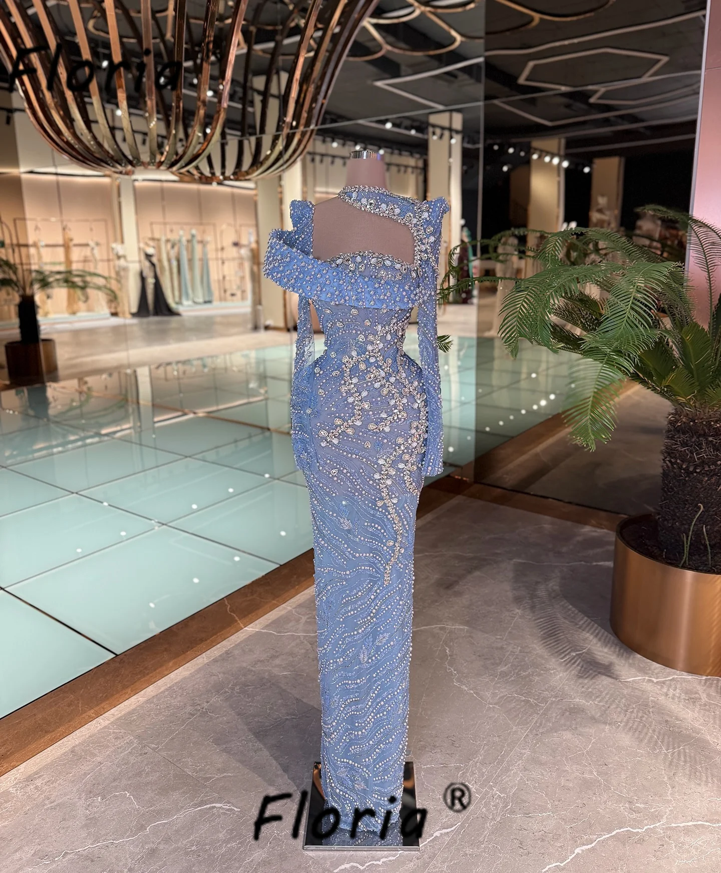 Luxury Heavily Beads Evening Dress Blue Crystal Pearls See Through Floor Length Formal Occasion Gowns Wedding Party Dress Robes