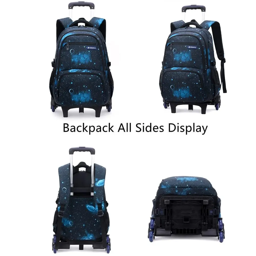 3Pcs Starry Sky Kids Rolling Backpack for Boys Wheeled School Bag 6 Wheels Trolley Bookbag Carry on Luggage with Lunch Bag