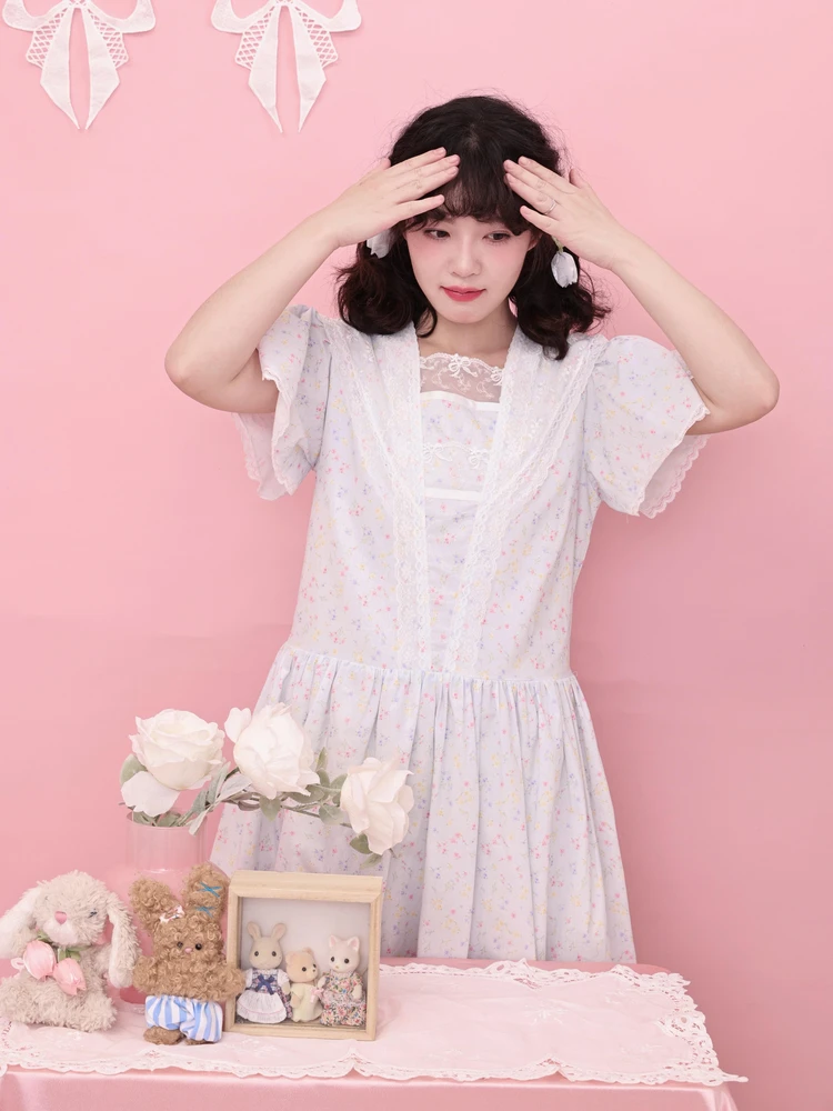 

Retro Blue Navy Collar Dr Floral Lace Trim Girlin Sense Cotton ort Sve Casual Fairy Skirt Sle Women's Dr