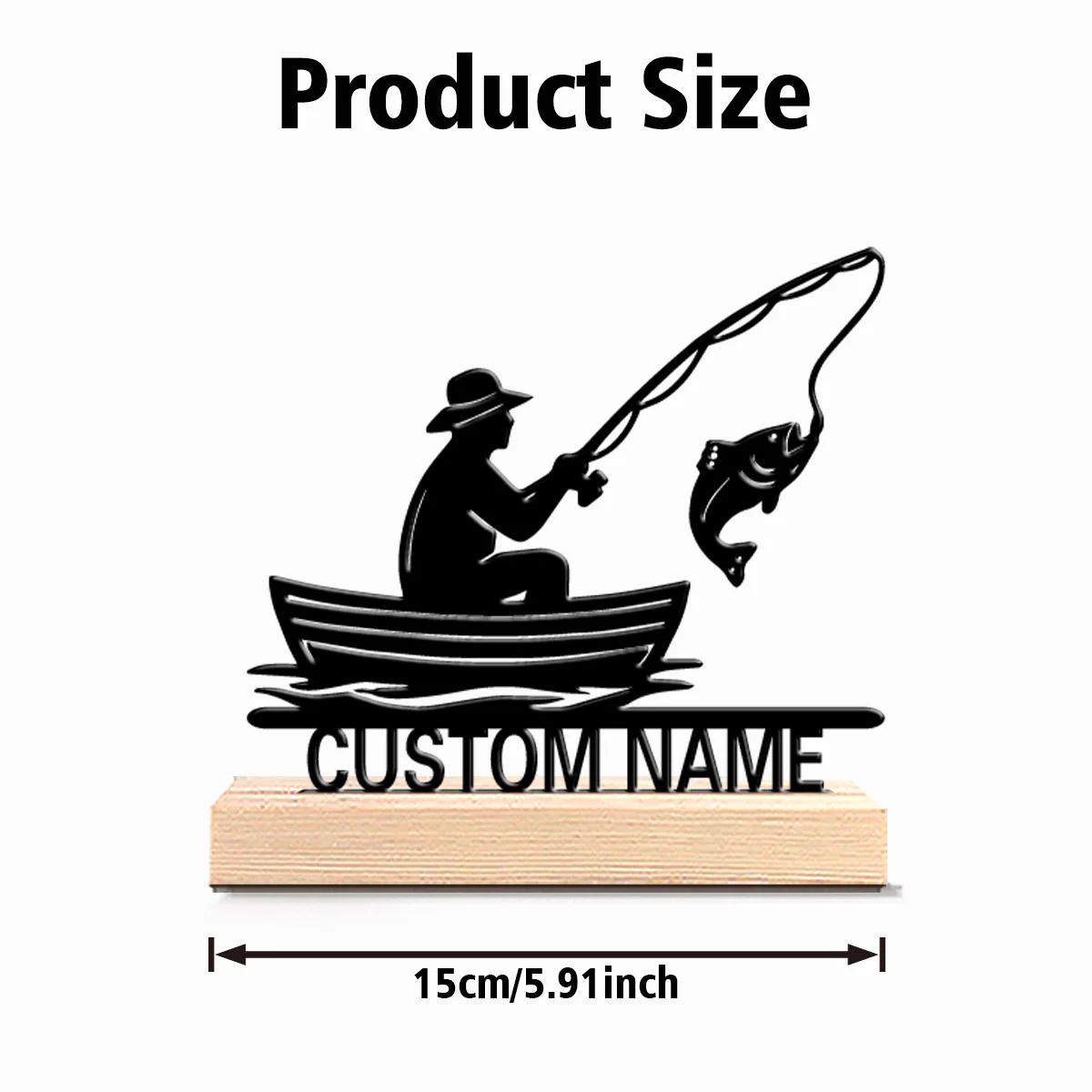 1pc Fun Personalized Custom Fishing Metal Statues With Wooden Base Tabletop Decoration Fishing Enthusiast Gift With Wooden Stand