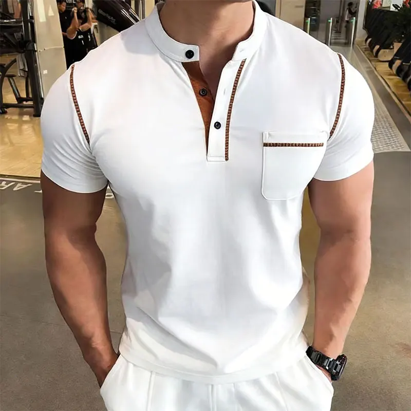 New Summer Men's Henry Collar Short Sleeve Golf Polo Shirt Personality Pocket Style Casual Breathable Sports Street Fashion Top - view 3