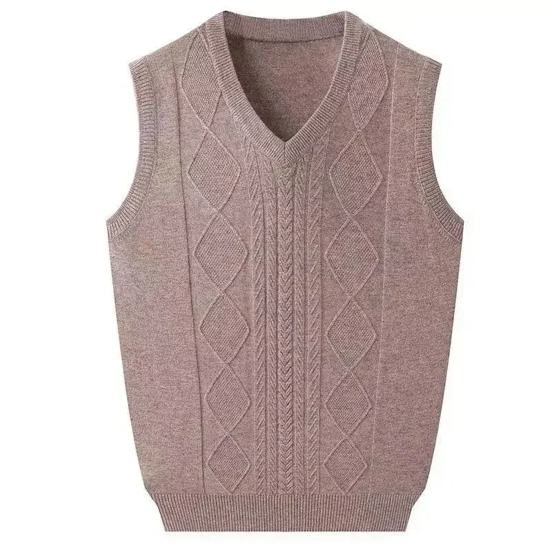 Men's Clothing Autumn Winter Solid Color Pullover V-Neck Screw Thread Sleeveless Sweater Knitted Vest Casual Fashion Tops WT38