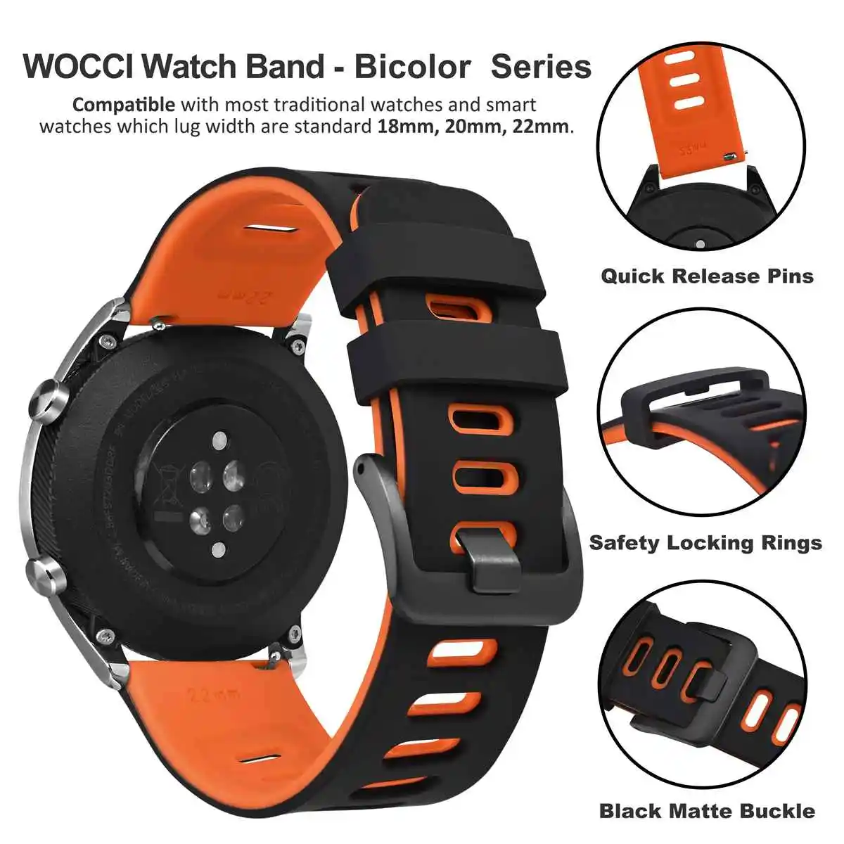 WOCCI Silicone Watch Bands 18mm 20mm 22mm for Smartwatch with Stainless Buckle Black Grey Blue Green Orange Quick Release Pins