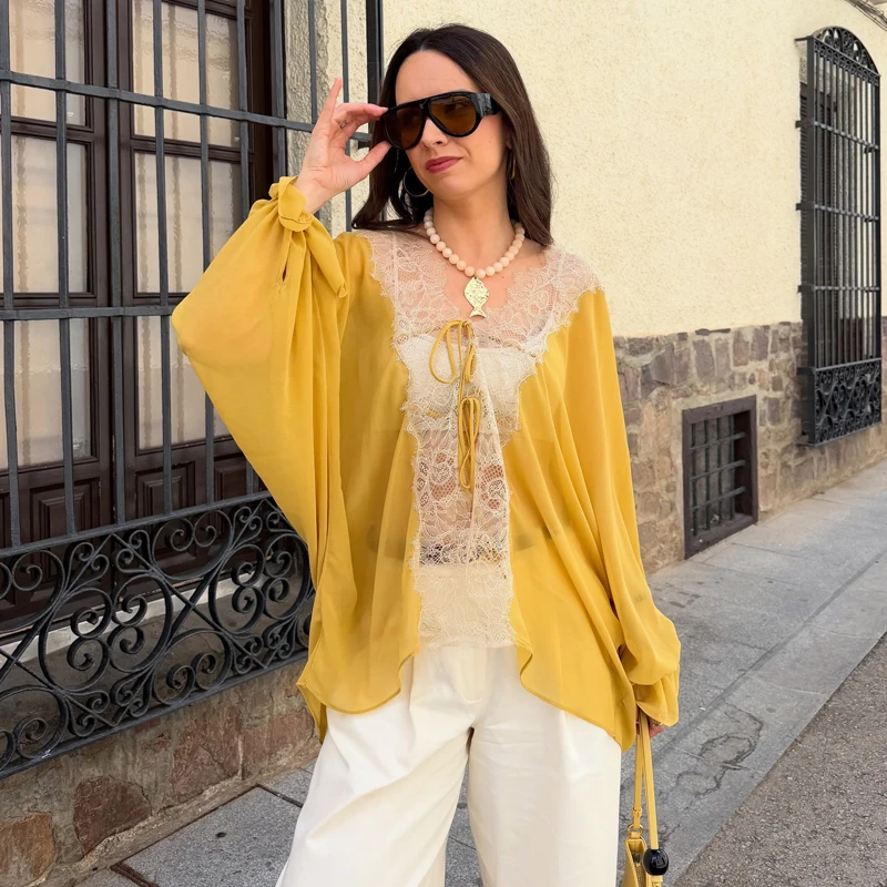 Women's Shirt With Lace Summer Women's Elegant Yellow See Through Oversize Blouse Women's Long Sleeve Top Female Casual Shirts 5